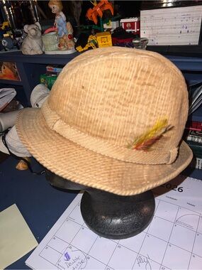 Vintage Men's Tan Corduroy Fedora Hat with Feather Accent